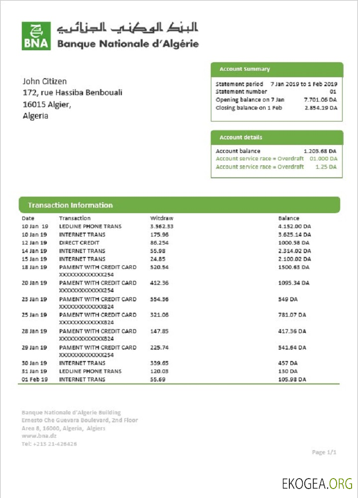 Algérie Relevé bancaire de la Banque nationale d’Algérie (BNA)